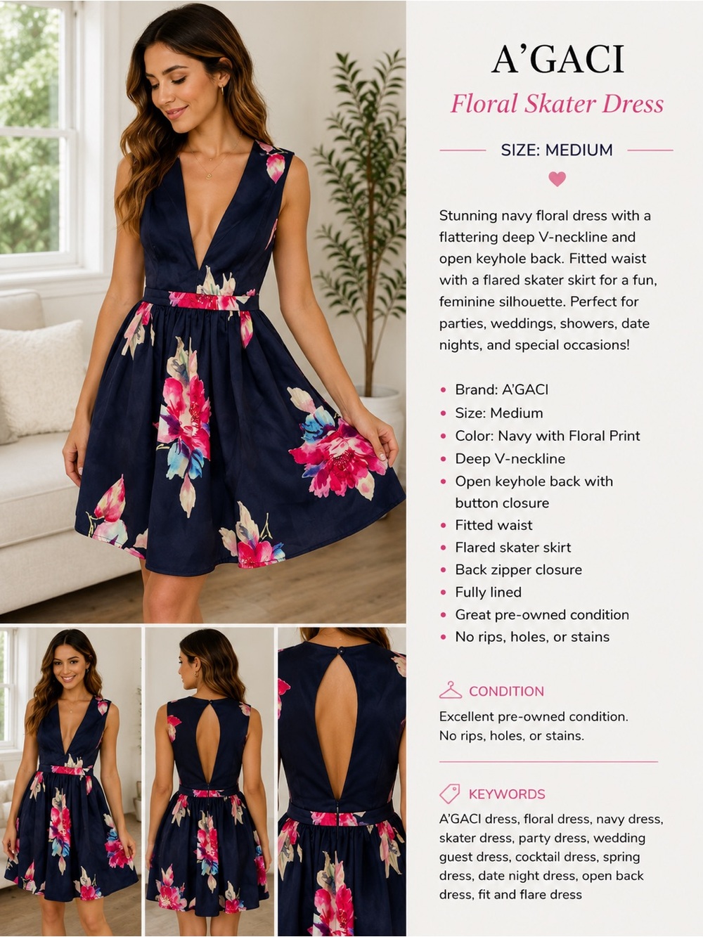 A'GACI Navy Floral Skater Dress - Deep V-Neck